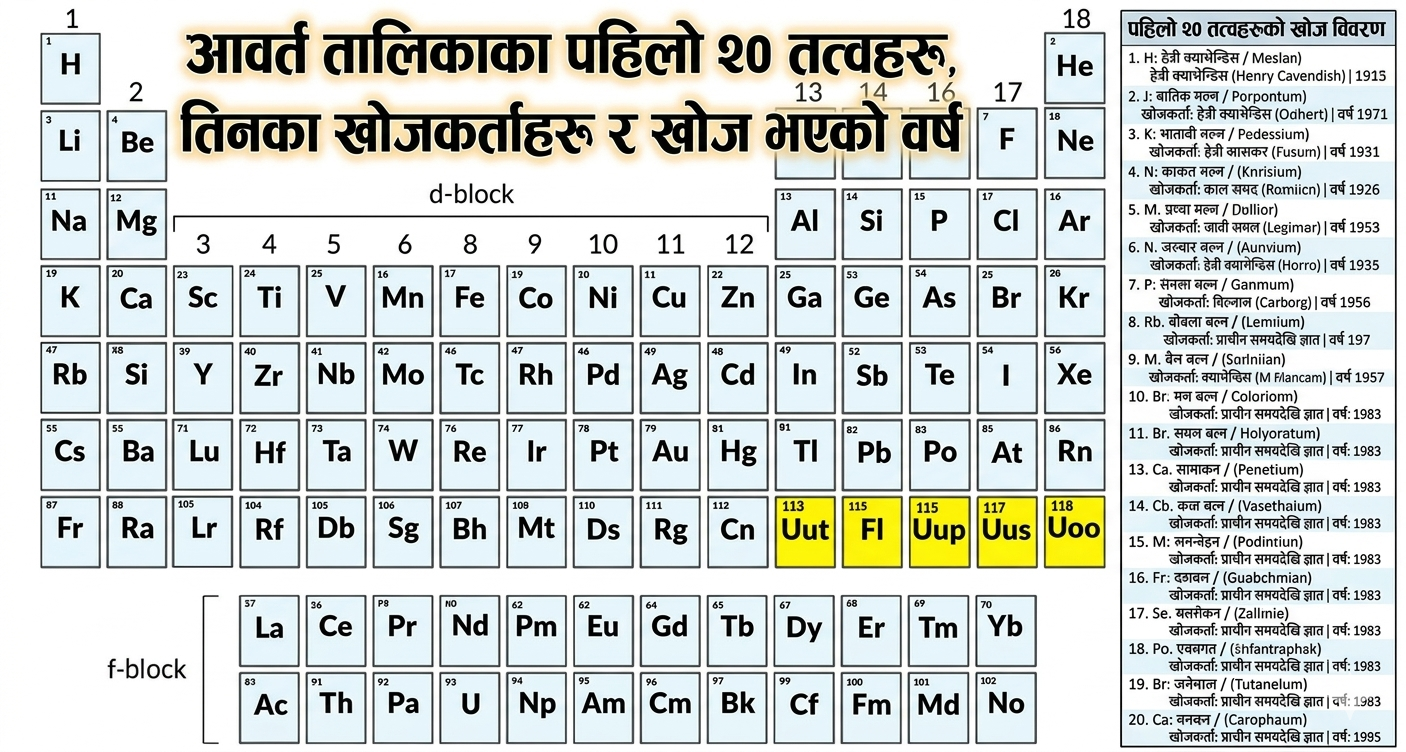 The first 20 elements of the Periodic Table, their discoverers, and the year of discovery