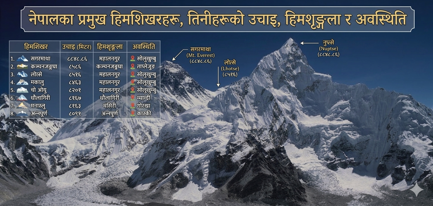 Major peaks of Nepal, their heights, ranges and locations
